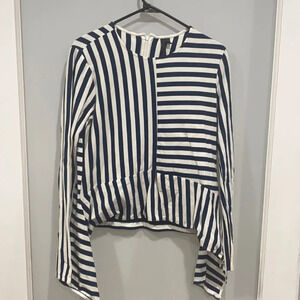 TopShop Blue White Stripe Bell Long Sleeve Round Neck Top Blouse Sz 8